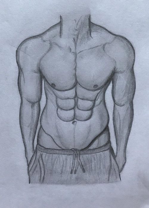 a drawing of a man's torso with no shirt on and his hands in his pockets