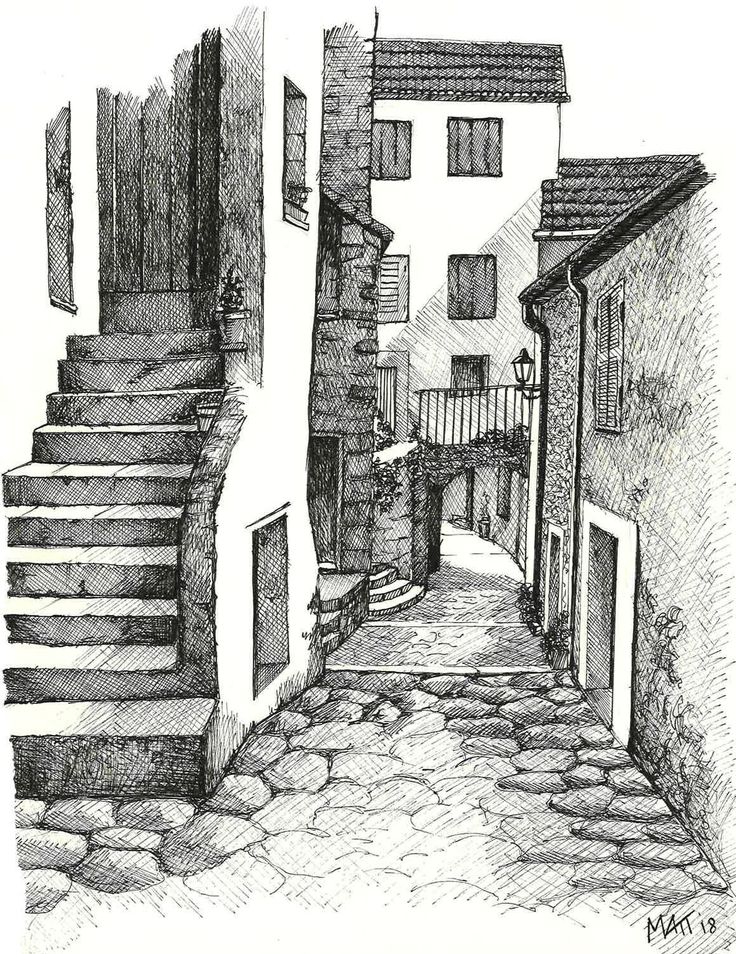 a pencil drawing of an alleyway with stairs