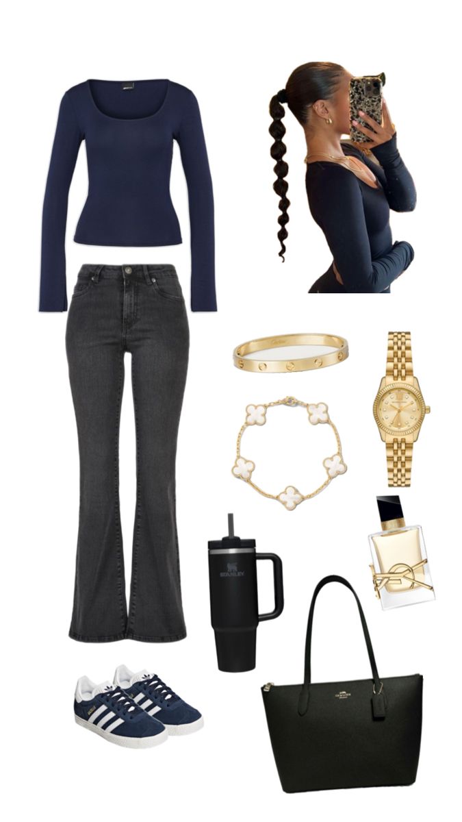 Winter outfit inspo for girls with navy blue long sleeved top, black flared jeans, black adidas campus, black handbag, black stanley cup, perfume inspo, gold jewelry, hair inspo, Flared Jeans Outfit Aesthetic, Black Stanley Cup, Black Flared Jeans Outfit, Flare Jeans Outfit Aesthetic, Adidas Campus Black, Black Adidas Campus, Black Flare Jeans Outfit, Black Stanley, Flare Jean Outfit