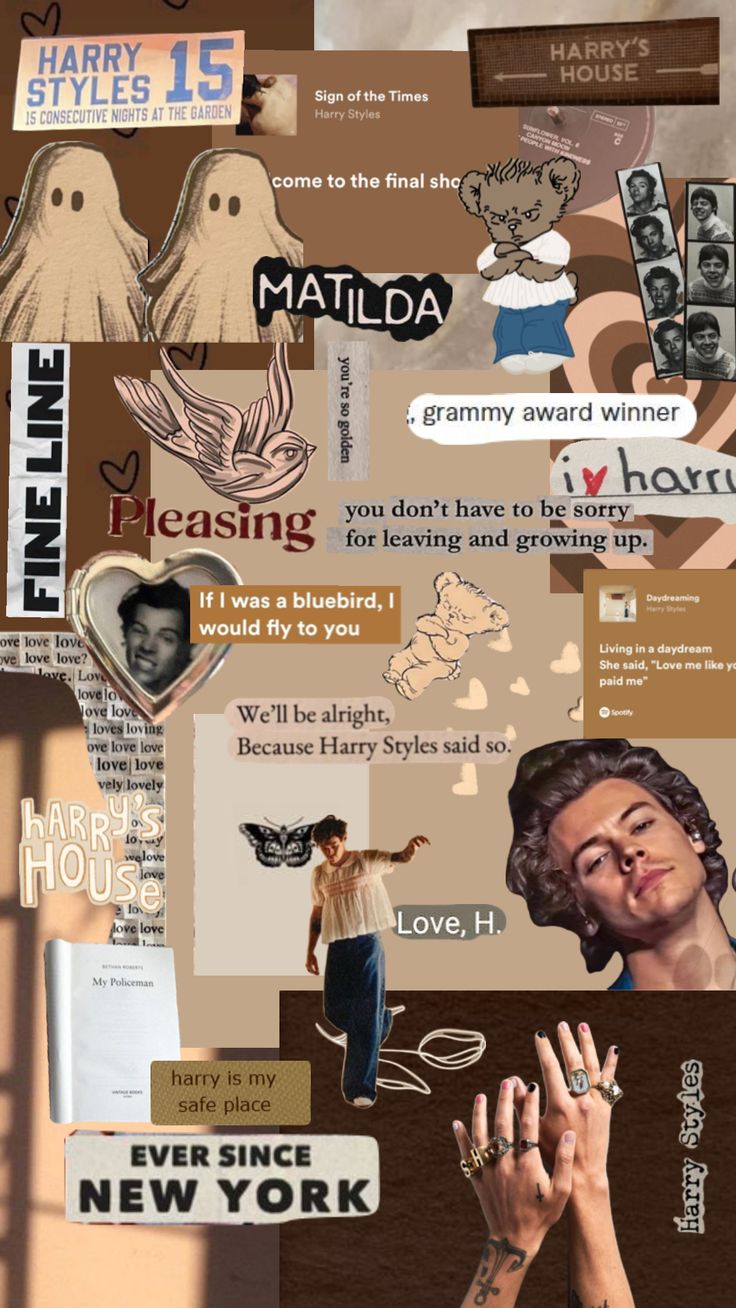 the collage shows many different types of images and words, including one woman's face