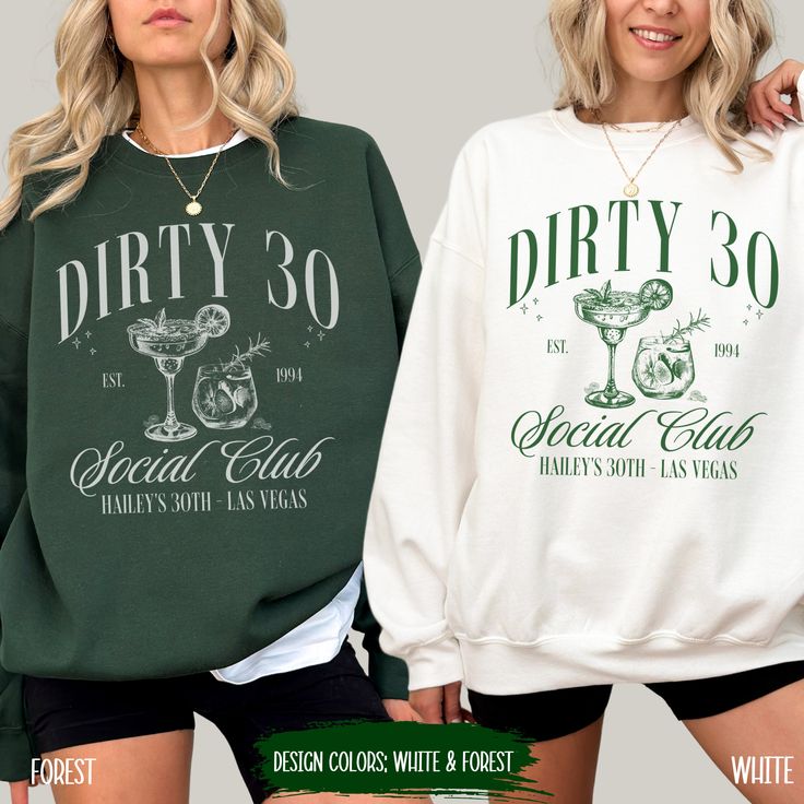 Personalized Dirty 30 Sweatshirt Custom Name Dirty Thirty Crewneck Birthday Party Favors Cocktail Social Club Sweater 30th Birthday Gift 30th Birthday Shirt Girls Trip Gift Girls Weekend Sister Trip The perfect Custom Dirty 30 Sweatshirt for a stylish Birthday Girl and her Birthday Crew! This Personalized Matching 30th Birthday Sweater makes the perfect Gift for 30th Birthday Gift. It's made from a Premium Soft Ring Spun Cotton Blend Fabric for perfect spring and summer comfort. Full of style an Desert Bachelorette, Luxury Bachelorette, Scottsdale Bachelorette, Bride Sweatshirt, Cocktail Club, Club Sweatshirts, Bachelorette Shirts, Cow Girl, Bridal Party Gifts