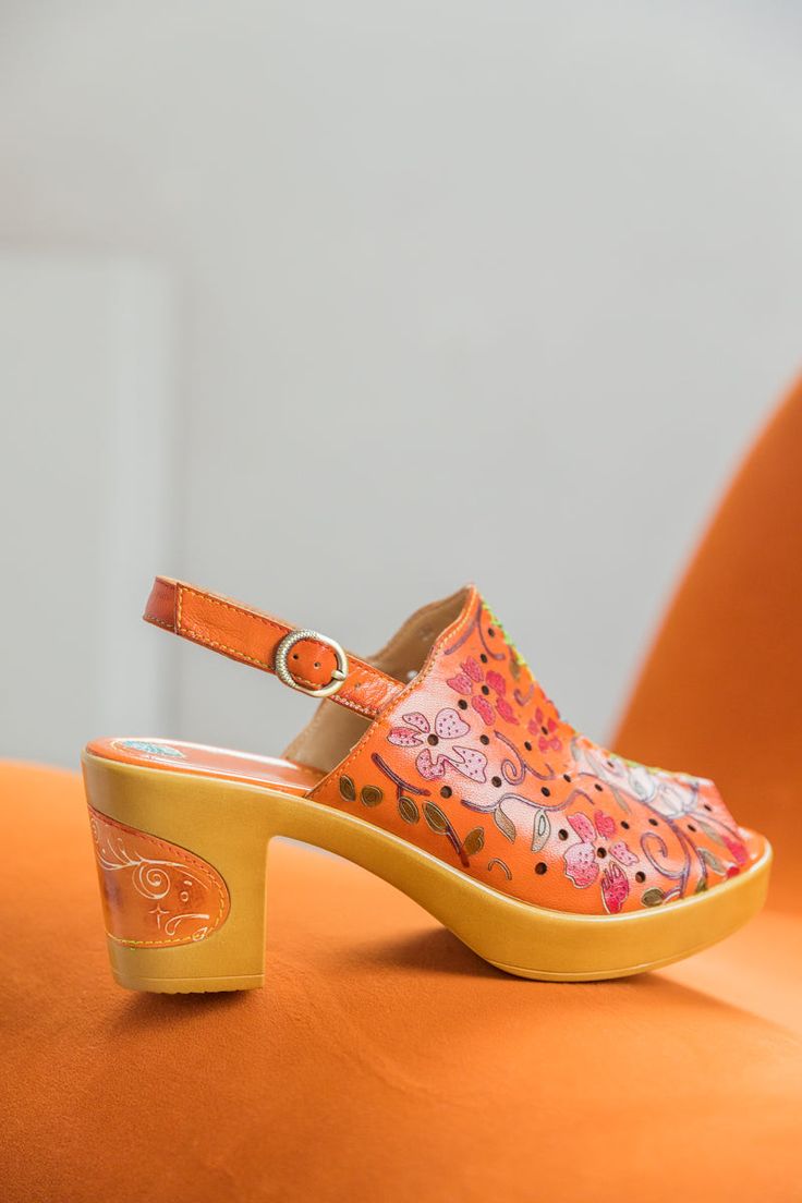 Summer Orange Heels With Heel Strap, Orange Heels With Heel Strap For Summer, Orange Ankle Strap Heels For Spring, Orange Platform Sandals With Ankle Strap, Orange Slingback Heels For Summer, Orange Summer Heels With Heel Loop, Summer Orange Heels With Heel Loop, Orange Platform Heels With Closed Toe, Orange Slingback Sandals For Spring