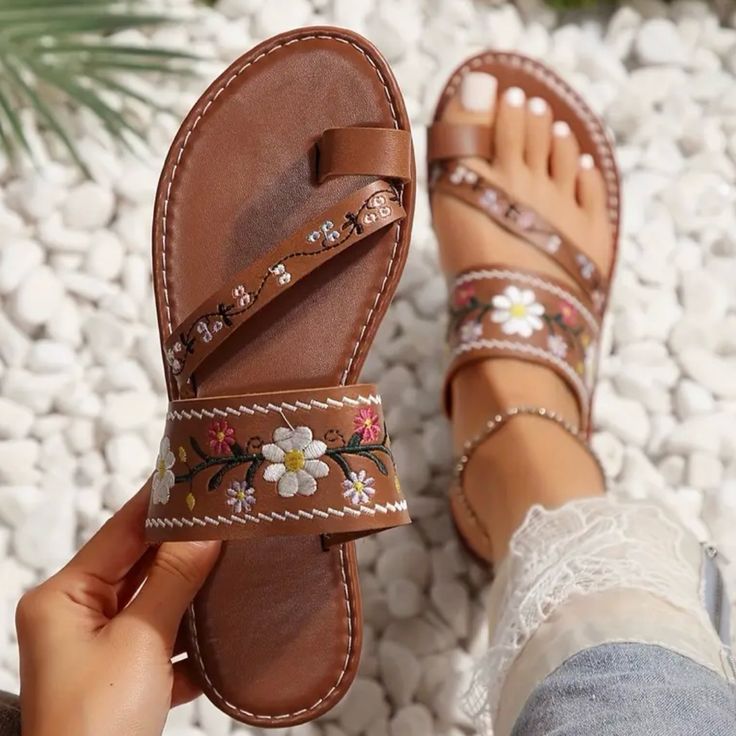 Step Into Summer With Style And Comfort In Our Floral Embroidered Flat Sandals For Women! Crafted From Durable Pu Leather, These Sandals Feature Delicate Floral Embroidery For A Touch Of Elegance. Perfect For Sunny Days And Beach Getaways, They Offer Both Fashion And Functionality. Please Note: Hand Wash Only For Best Care. Elevate Your Summer Look With These Must-Have Sandals! Orthopedic Sandals, Summer Sandals Flat, Embroidered Flats, Summer Slippers, Summer Flats, Flats Patterns, Womens Sandals Flat, Open Toe Sandals, Beach Shoes