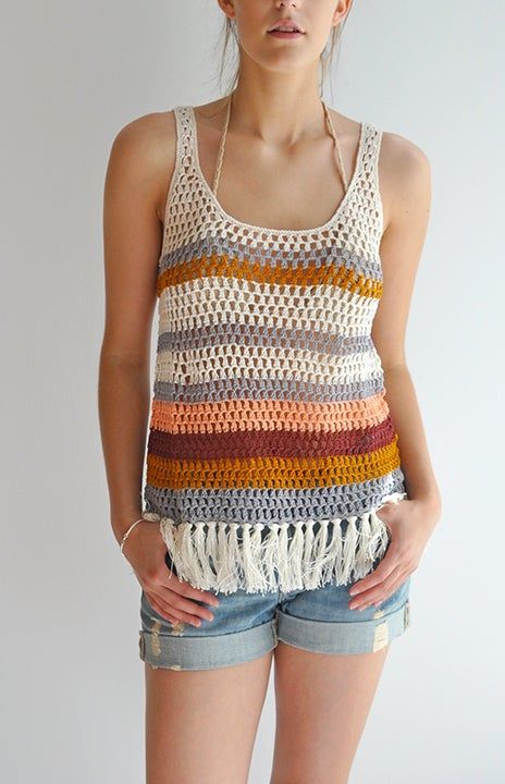 Multicolor Crochet Sleeveless Tank Top, Sleeveless Fringe Top For Beach Season, Summer Fringe Tank Top For Vacation, Summer Vacation Tank Top With Fringe, Bohemian Crochet Multicolor Tank Top, Multicolor Crochet Tank Top For Spring, Spring Multicolor Crochet Tank Top, Multicolor Sleeveless Top With Crochet Trim, Bohemian Fringe Tank Top For Vacation