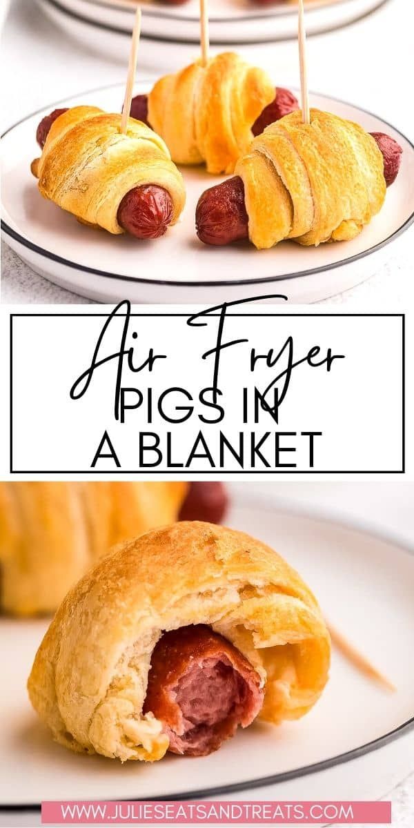 two plates with pastries on them and the words air fryer pigs in a blanket