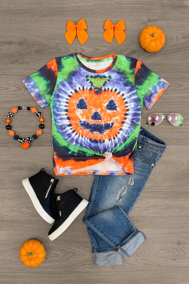 Tie Dye Pumpkin Short Sleeve Top Fall Tie Dye Soft-washed Tops, Fall Tie Dye Soft-washed T-shirt, Casual Acid Wash Tops For Halloween, Soft-washed Tie-dye T-shirt For Fall, Soft-washed Tie Dye T-shirt For Fall, Fitted Acid Wash Tops For Fall, Casual Tie Dye Halloween Tops, Casual Tie-dye Halloween Top, Tie Dye Graphic T-shirt For Fall