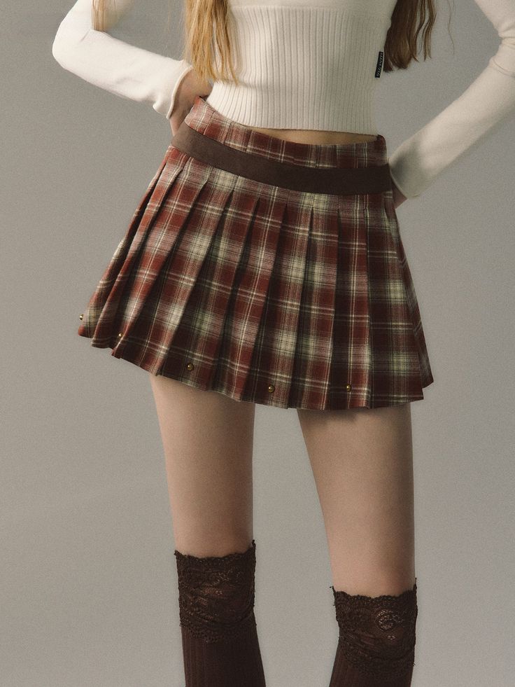 Red & Coffee Plaid Pleated Mini Skirt - CHINASQUAD Pleated Short Skirt, Short Pollera, Plaid Pleated Mini Skirt, Red Coffee, Coffee Sizes, Pleated Mini Skirt, Haiti, Ghana, Brunei