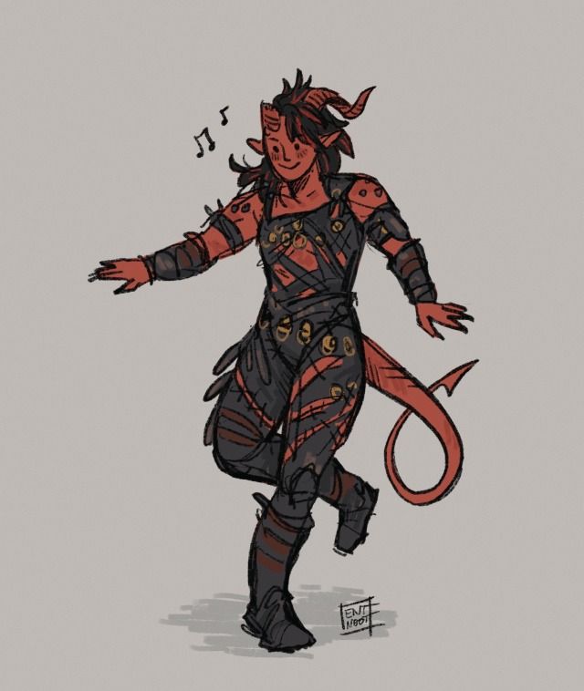 a drawing of a demon with horns and wings on it's head, standing in front of a music note