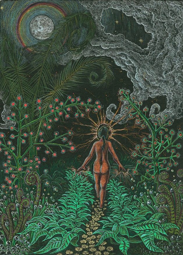 a drawing of a woman walking in the woods with her body painted green and surrounded by plants