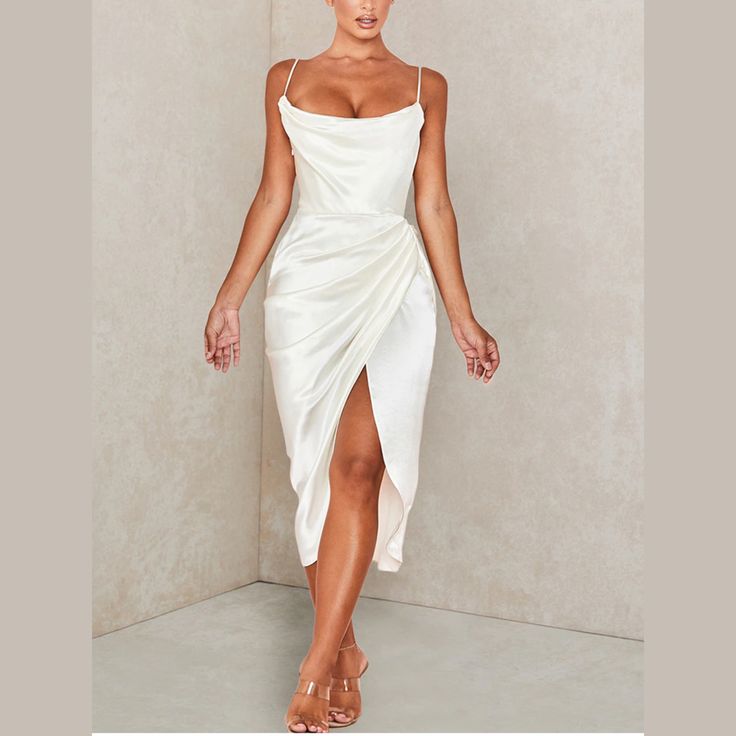 Tammy - White Satin Draped Split Midi Dress - Model Mannequin Backless Midi Dress, Cocktail Outfit, Midi Dress Party, Suspender Dress, Satin Midi Dress, Long Summer Dresses, Stretch Satin, Mid Length Dresses, White Midi Dress