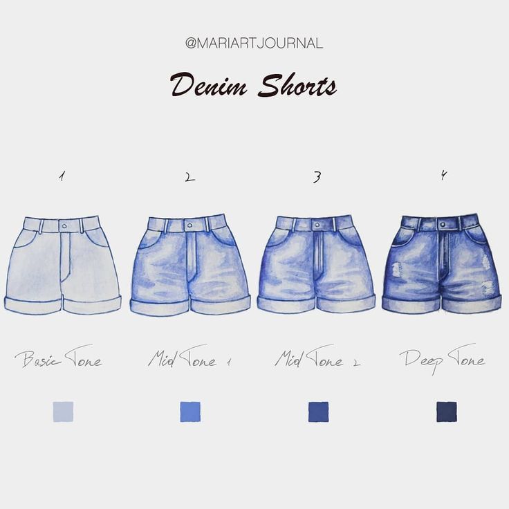 the denim shorts pattern is shown in three different colors and sizes, including one blue