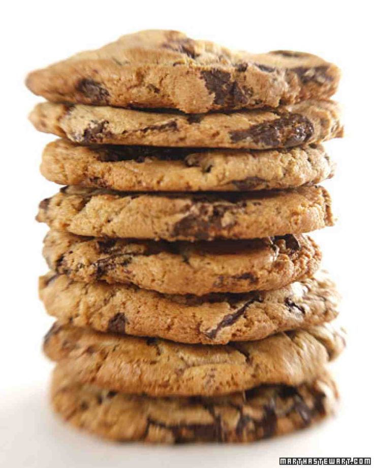 a stack of chocolate chip cookies sitting on top of each other in front of a white background