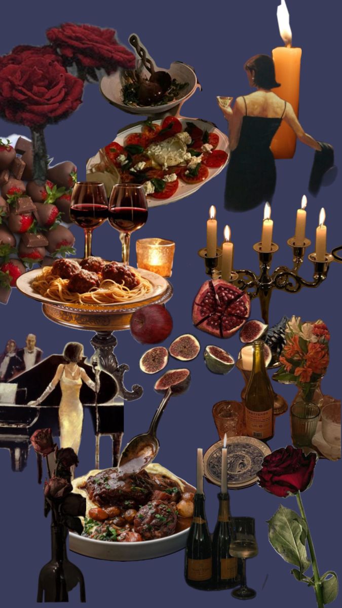 a collage of food and candles is shown