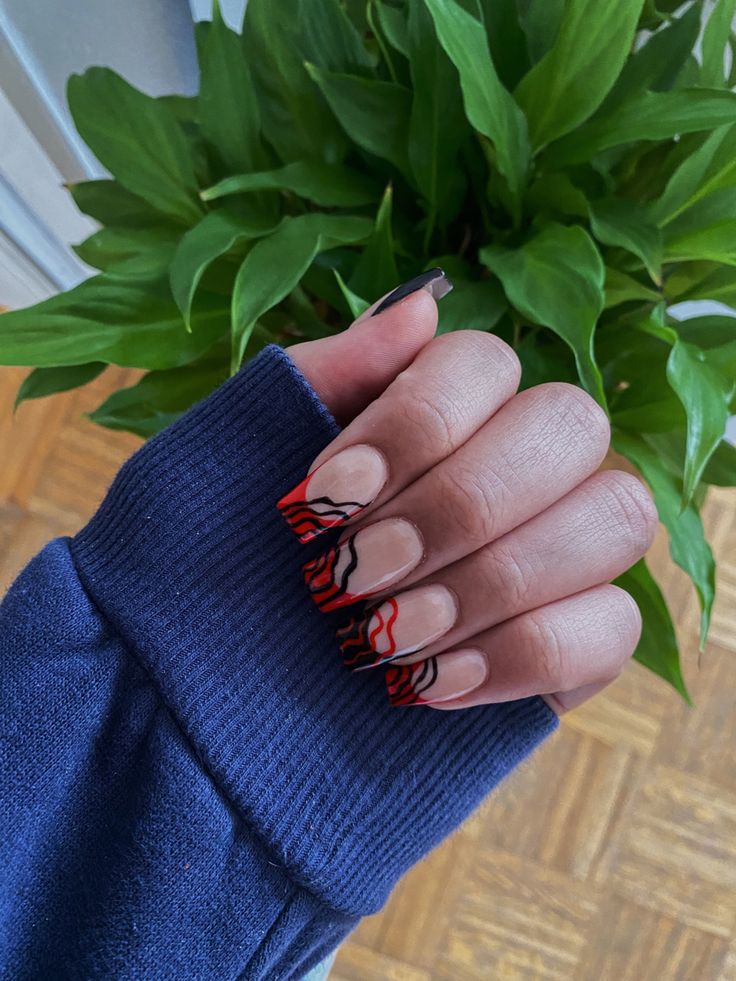 black & red nails Black Snd Red Nail Designs, Black Nails Red French Tip, Black Nails With Red French Tip, Short Black And Red Nails, Black And Red Short Nails, Red And Black Short Nails, Short Red And Black Nails, Black And Red Nails Short, Black Red And White Nails