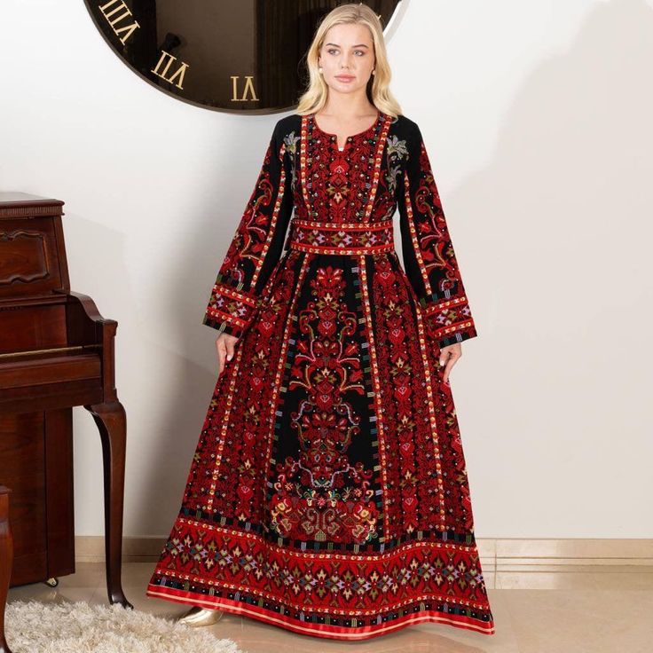 Elevate your wardrobe with our Full Embroidery Thoub! This stunning piece features intricate embroidery that adds a touch of elegance to your look. With its full length design, it offers complete coverage and comfort. Elevate any occasion with this captivating Thoub. Festive Long Sleeve Dresses With Motifs, Fitted Long Sleeve Dresses With Motifs, Elegant Dresses With Motifs For Eid, Red Bohemian Dress With Motifs, Embroidery On Clothes, Intricate Embroidery, Embroidery Dress, Look Chic, Dress Clothes For Women