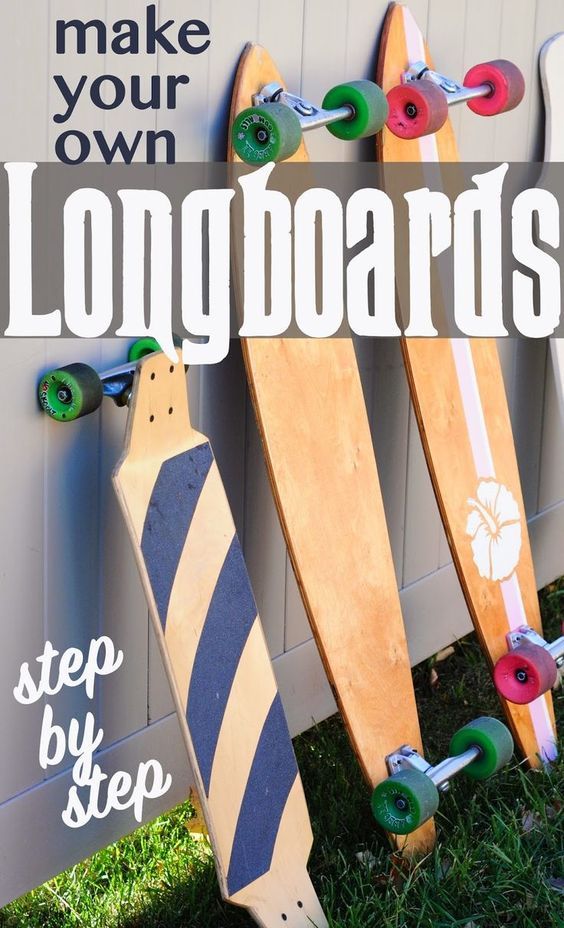 three skateboards leaning against a wall with the words make your own longboards