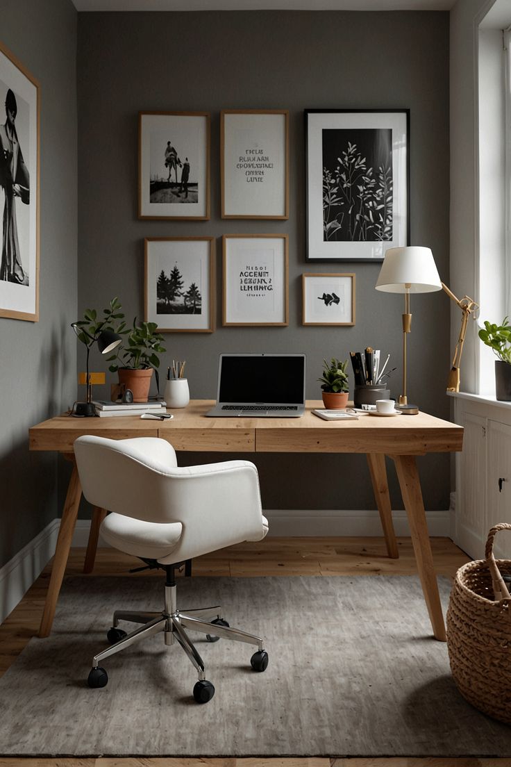 a home office with pictures on the wall