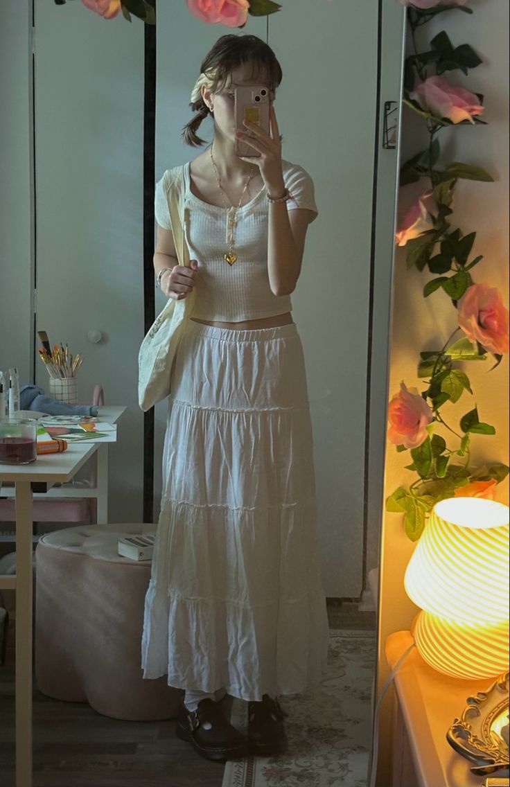 White Izzy Skirt Outfit, Brandy Long Skirt, Midi Skirt White Outfit, Mary Janes With Long Skirt, Long Skirt With Mary Janes, White Shirt And Long Skirt Outfit, White Maxi Shirt Outfit, Coquette Mary Janes Outfit, Brown Bag Outfit Ideas