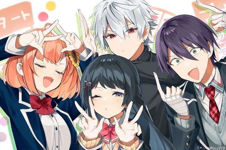 some anime characters are posing together for a photo with their hands up in the air