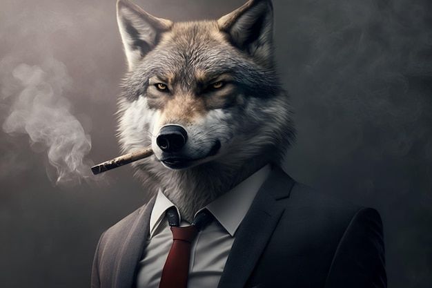 Photo a wolf smoking a cigar with a man ... | Premium Photo #Freepik #photo #wolf-vector #business-character #vulpes #wolf-design Wolf Painting, Alpha Wolf, Animal Portraits Art, Fantasy Male, Lone Wolf, A Wolf, Wild Nature, Animal Heads, Business Suit