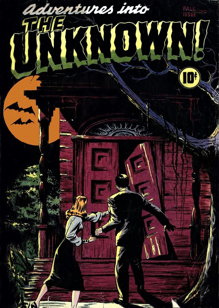 the cover to adventures into unknown, featuring a man and woman in front of a house