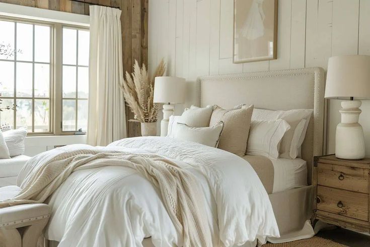 a white bed sitting in a bedroom next to a window covered in blankets and pillows