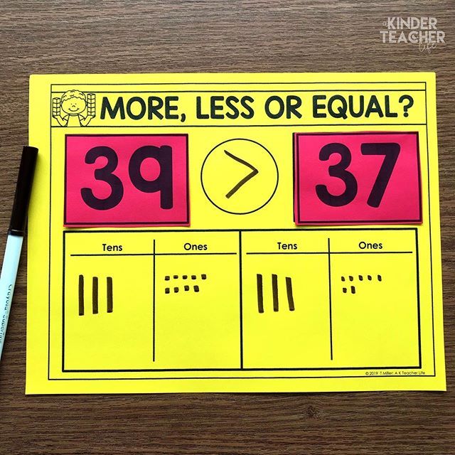 a piece of paper that says, more less or equal? 39 cents and three times