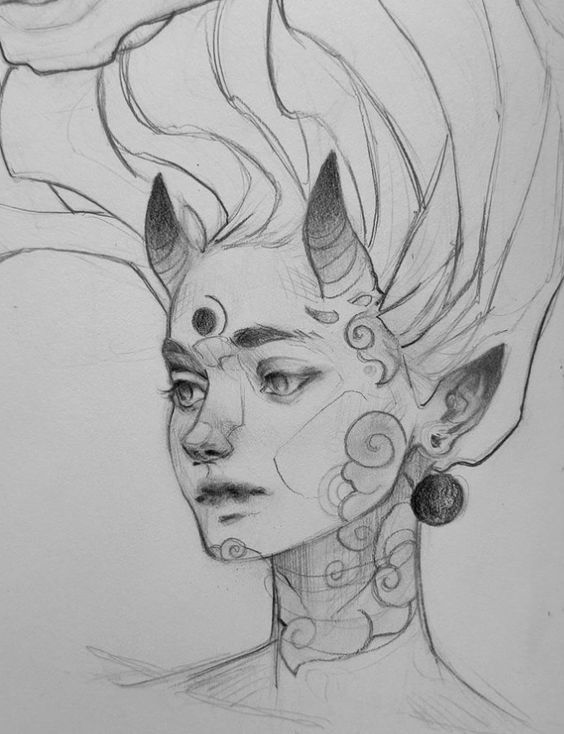 a drawing of a woman's face with horns on her head and ear piercings