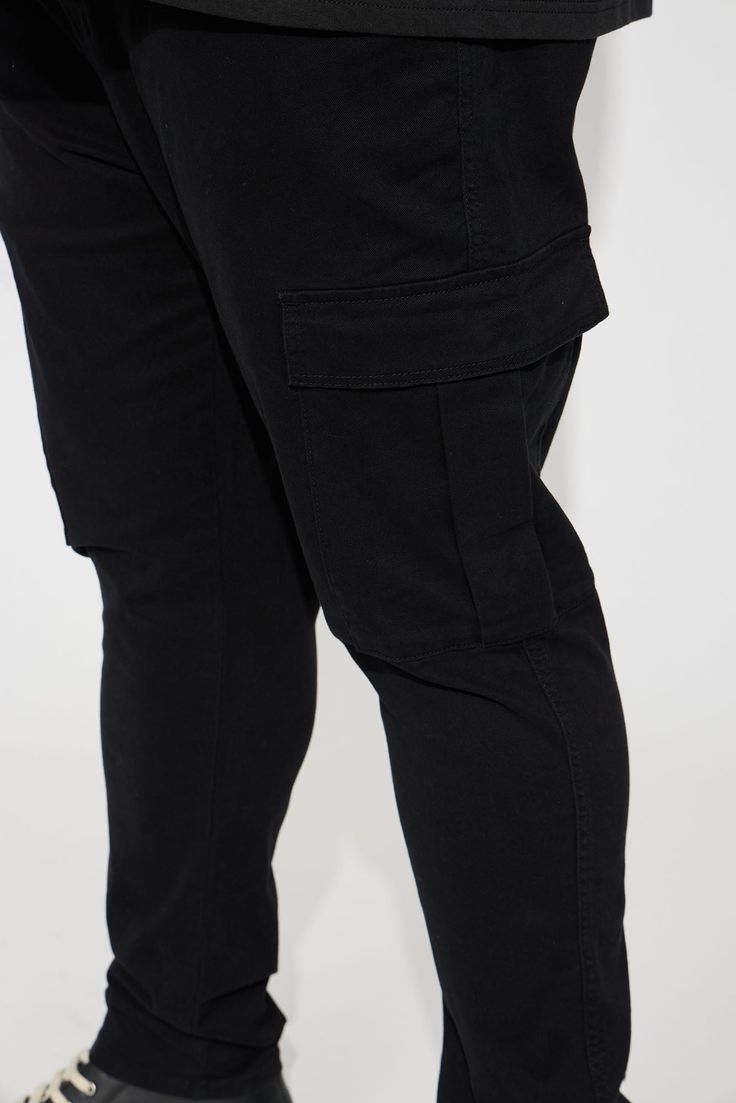 Available In Black, Khaki Button Closure Zip Fly Side Pockets Back Pockets Cargo Pockets Slim Fit 98% Cotton 2% Spandex Imported | Mens Kyle Cargo Pants in Black size 34 by Fashion Nova Black Cargo Jeans With Tapered Leg And Hip Pockets, Black Tapered Leg Cargo Jeans, Black Chinos With Side Pockets For Work, Urban Cotton Bottoms With Button Closure, Black Straight Leg Chinos With Pockets, Black Tapered Leg Chinos With Side Pockets, Black Mid-rise Work Pants With Pockets, Mid-rise Black Work Pants With Pockets, Black Bottoms With Button Closure For Streetwear