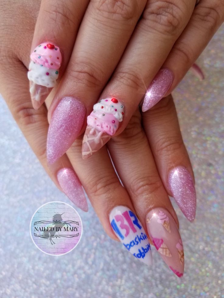 Baskin-Robbins ice cream cones 3D nail art 3d Ice Cream Nail Art, 3d Sculpture Nail Art, Ice Cream Cone Nail Art, Ice Cream Cone Nails, Nail Art Ice Cream, Monthly Nails, Dessert Nails, Ice Cream Nail Art, Candy Nail Art