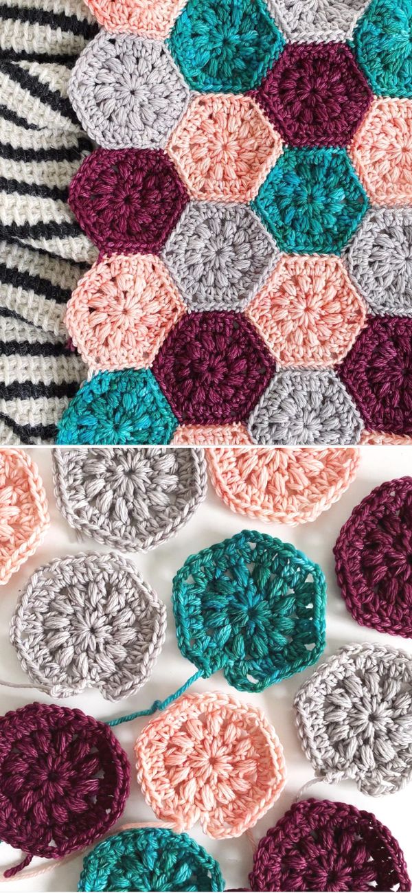 crocheted hexagons are arranged on top of each other in different colors