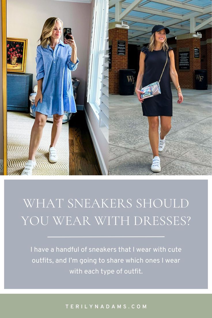 Elevate your style with sneakers and dresses! It's the fashion trend that's here to stay. Learn which sneakers go best with your favorite outfits. Say hello to comfort and style. #SneakerStyle #DressAndSneakers #FashionInspo Sneakers On Dress, Sweater Dress Sneakers Outfit, Black Dress Tennis Shoes Outfit, Dress With Running Shoes Outfits, Sun Dress With Sneakers, Shirt Dress And Sneakers Outfit, Dress And Tennis Shoes Outfits, Summer Dresses With Sneakers, Dresses With Sneakers Outfit