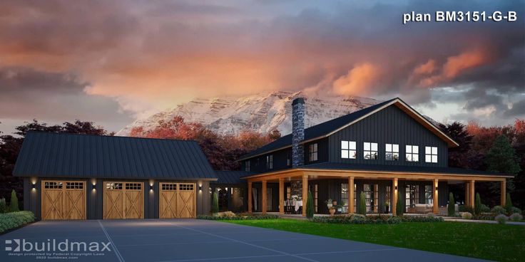 this is an artist's rendering of a house with mountains in the back ground