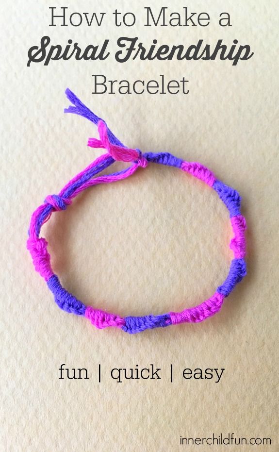 a pink and purple bracelet with the words how to make a spiral friendship bracelet