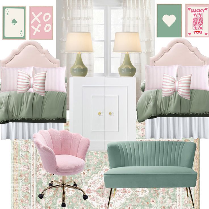 a bedroom with pink, green and white decor