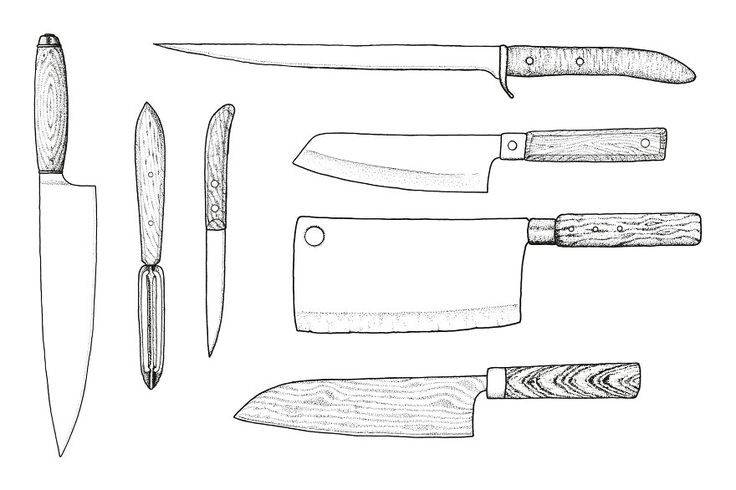 a set of knifes and knives drawn in ink on white paper with black lines