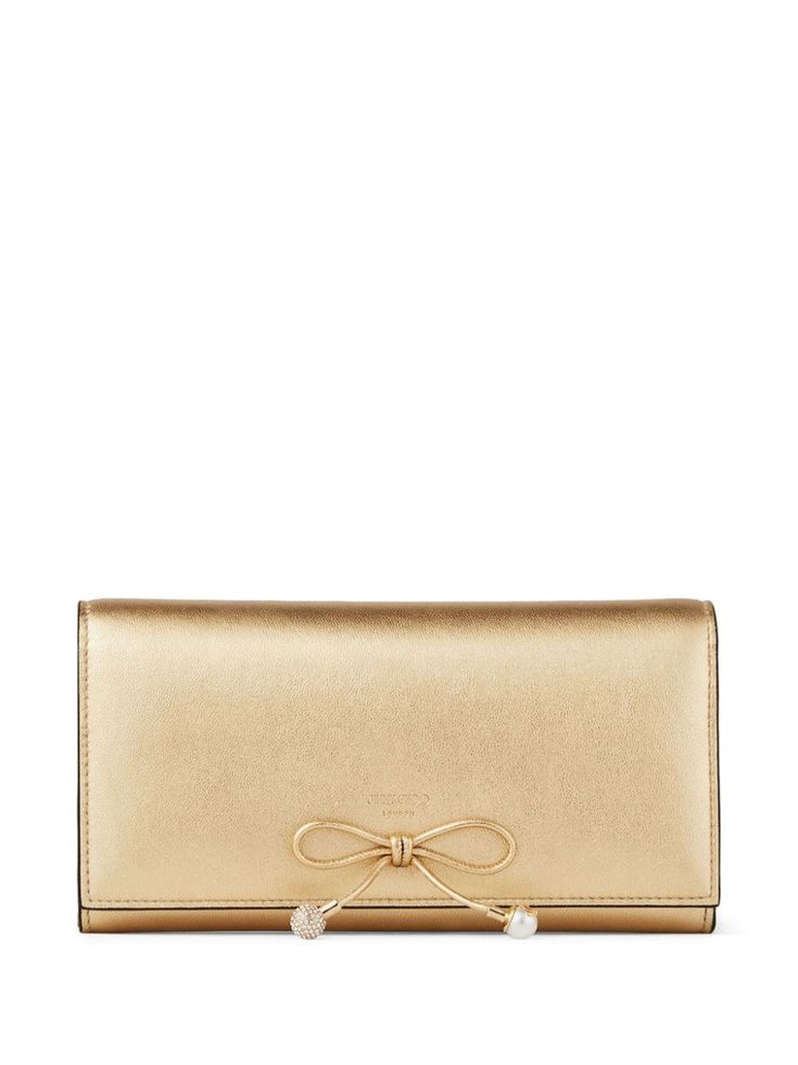 gold-tone calf leather metallic effect bow detailing bead embellishment logo stamp to the front foldover top with press-stud fastening partitioned compartment multiple internal slip pockets internal zip-fastening pocket Elegant Everyday Wallets With Gold-tone Logo Plaque, Designer Gold Bifold Wallet, Luxury Gold Bifold Wallet, Evening Leather Wallets With Gold-tone Logo Plaque, Gold Leather Bags With Card Slots, Elegant Wallets With Gold-tone Logo Plaque, Formal Gold Wallets With Gold-tone Hardware, Formal Gold Wallet With Gold-tone Hardware, Gold Clutch Wallet With Gold-tone Hardware