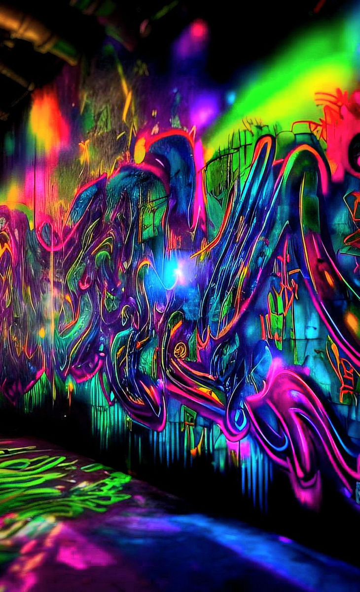 an abstract painting with neon colors on the walls and floor in front of a black background