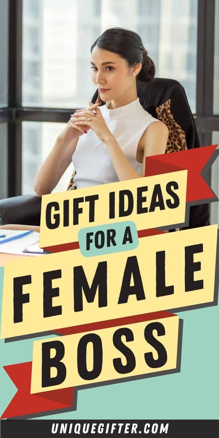 a woman sitting at a desk with the words gift ideas for a female boss