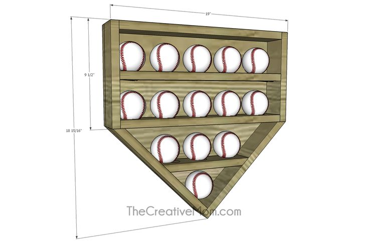 a wooden shelf with baseballs on it and measurements for the bottom half of it