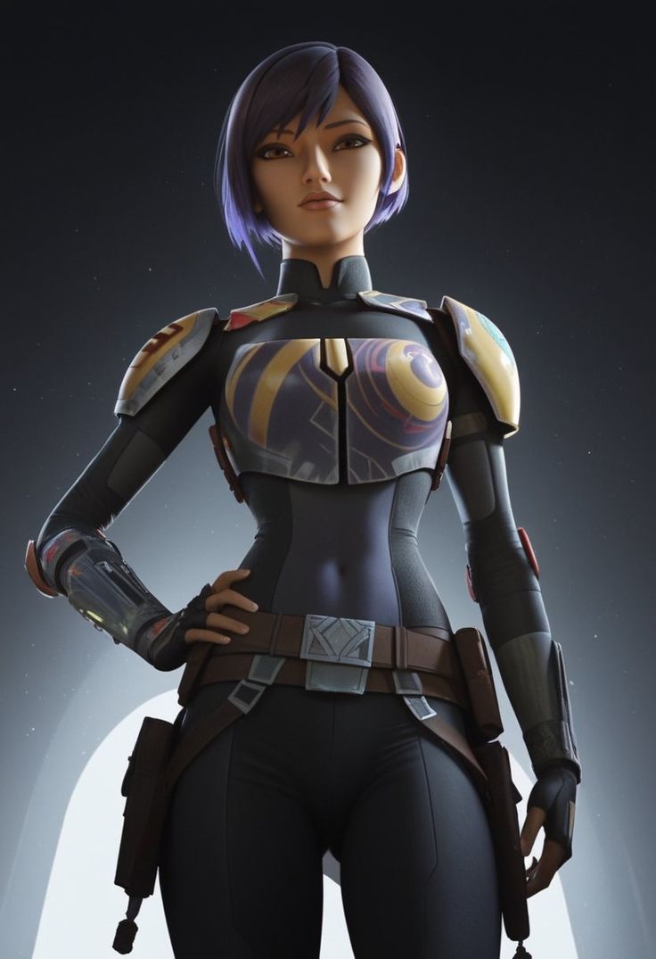 a woman with purple hair and armor standing in front of a dark background