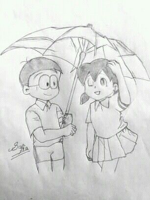 a drawing of two people standing under an umbrella, one holding the other's hand