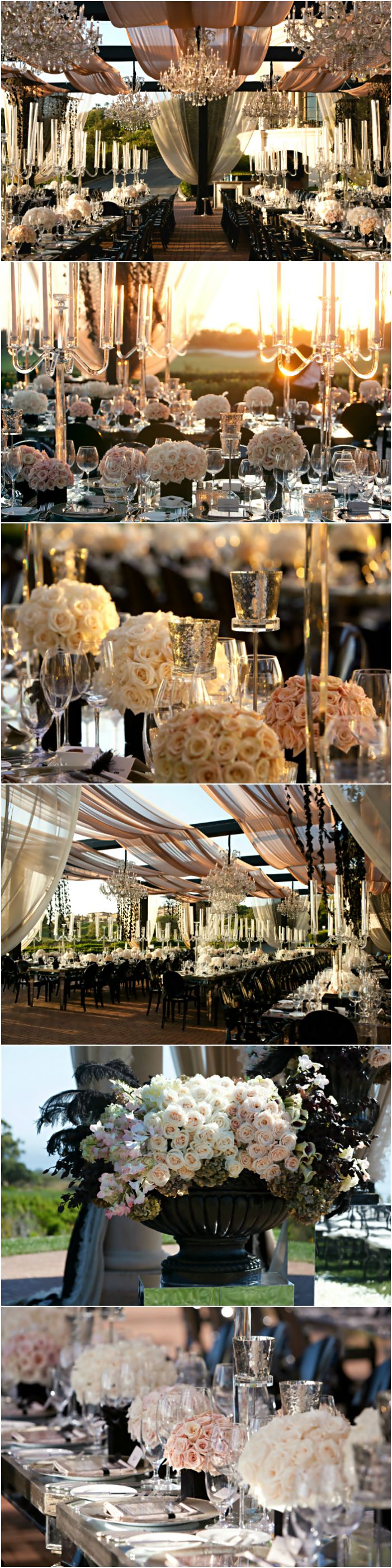 multiple photographs of tables and chairs with flowers on them