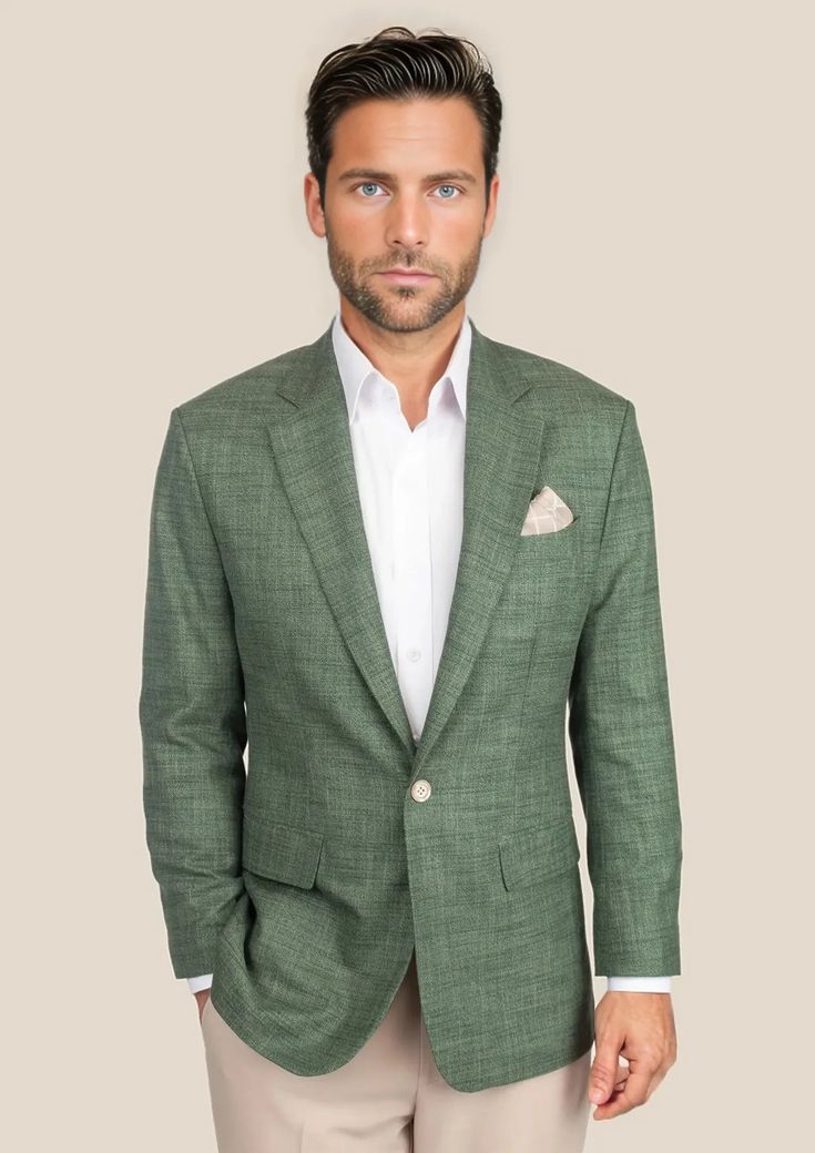 Be bold and indulge in the luxurious Aspen Green Hopsack Jacket. Custom made from a luxurious bamboo/wool/linen/silk blend from Cavani, perfect for those who want to feel bold and exude confidence in their style. Elevate your wardrobe and embrace the challenge of standing out! Luxury Linen Suits For Fall, Luxury Linen Suit For Fall, Luxury Linen Tweed Jacket With Notch Lapel, Luxury Single Breasted Linen Sport Coat, Luxury Linen Single Breasted Sport Coat, Luxury Linen Tweed Jacket For Business Casual, Luxury Linen Sport Coat With Lapel Collar, Luxury Spring Sport Coat For Business Casual, Luxury Linen Semi-formal Outerwear