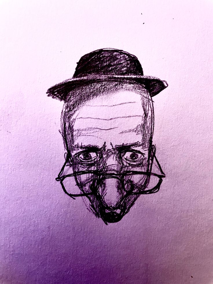 a drawing of a man wearing a hat with glasses and a nose mask on his face