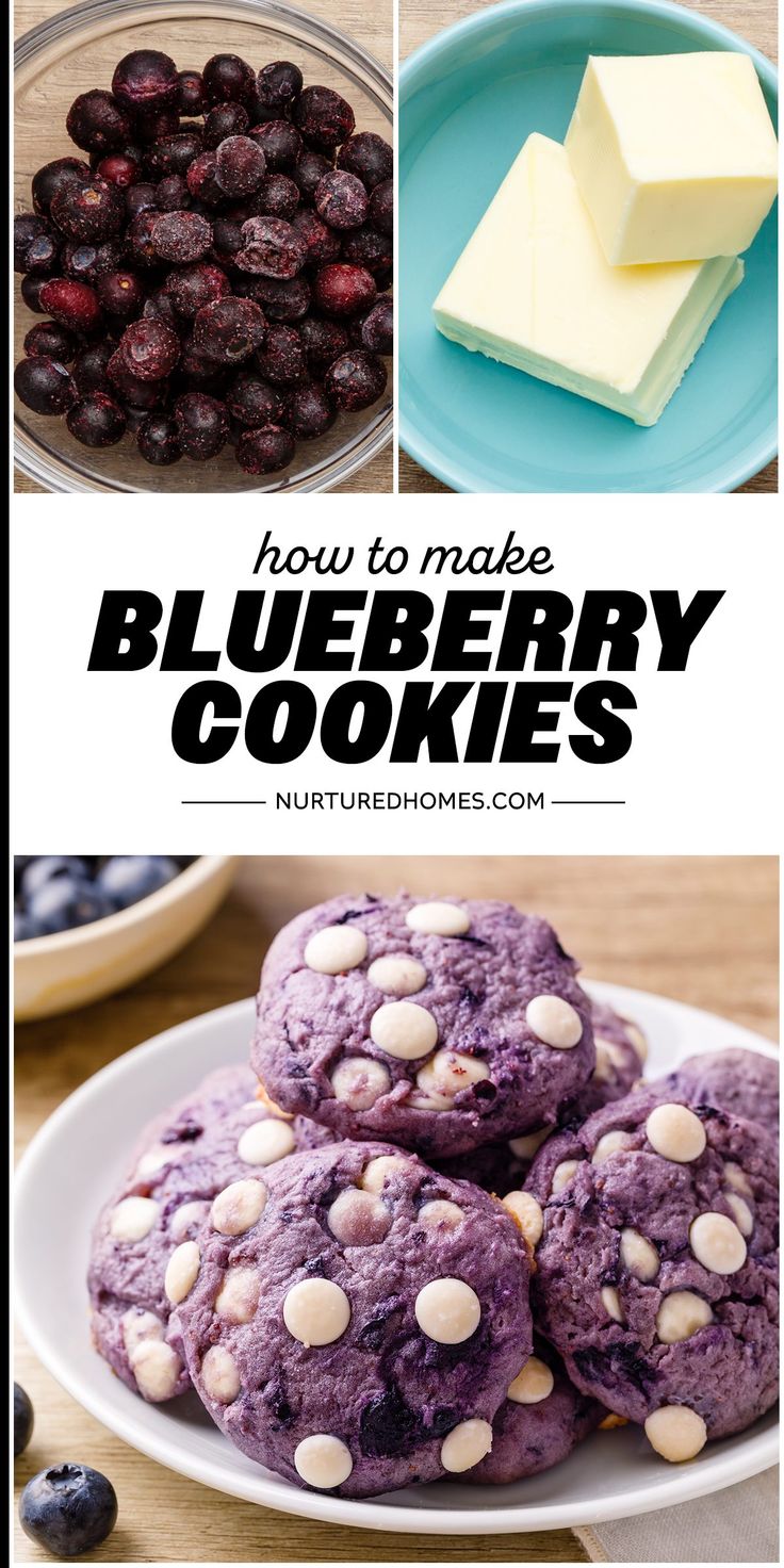 blueberry cookies with white chocolate chips on top and the words how to make blueberry cookies