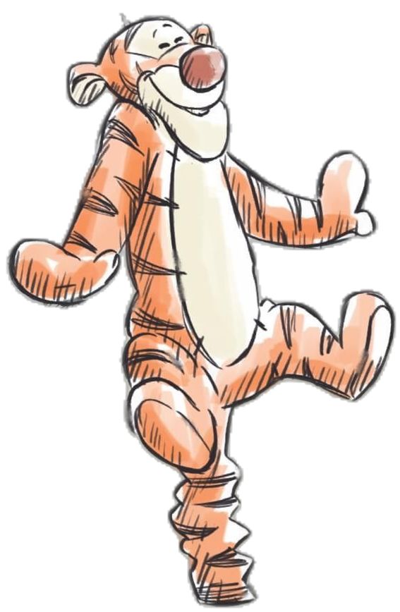 a drawing of a cartoon character in an orange tiger suit with one foot on the ground