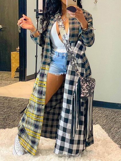 Lovely Casual Plaid Print Patchwork Multicolor Trench CoatLW | Fashion Online For Women | Affordable Women's Clothing | LovelyWholesale - LovelyWholesale.com Plaid Outerwear, Casual Plaid Shirt, Shirt Collar Styles, Patchwork Shirt, Casual Outerwear, Mode Casual, Yellow Plaid, Turndown Collar, Printed Cardigan