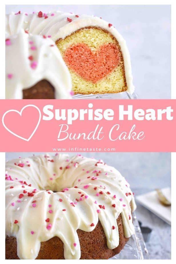 a heart shaped bundt cake with white frosting and sprinkles on top