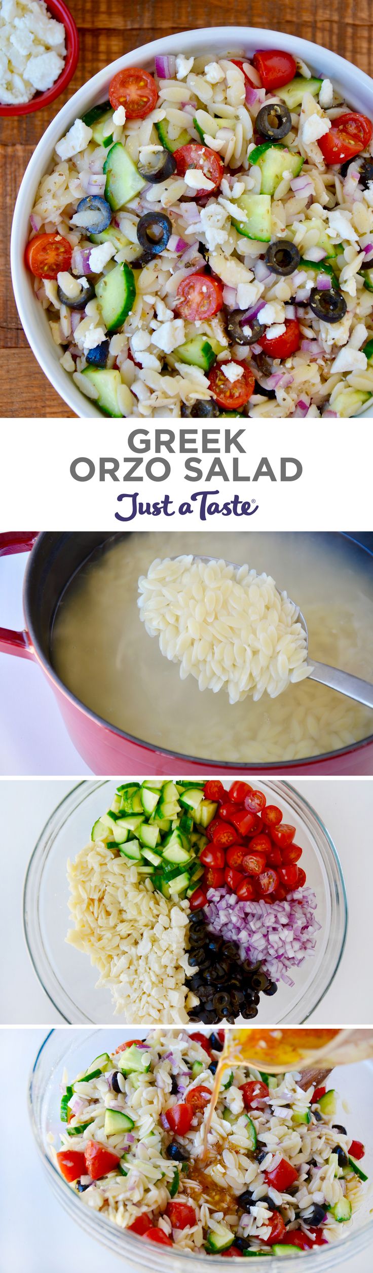 four different pictures showing the steps to make greek orzoni salad in one pan